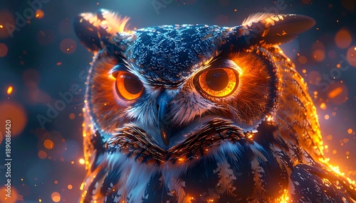 Close-up of an owl with fiery eyes and glowing feathers, against a blurred background, emitting sparks