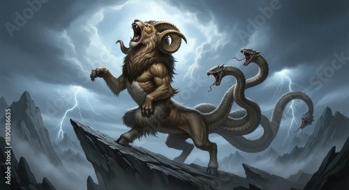 Mythological chimera with ram head and serpentine tail roars atop jagged peak during stormy weather