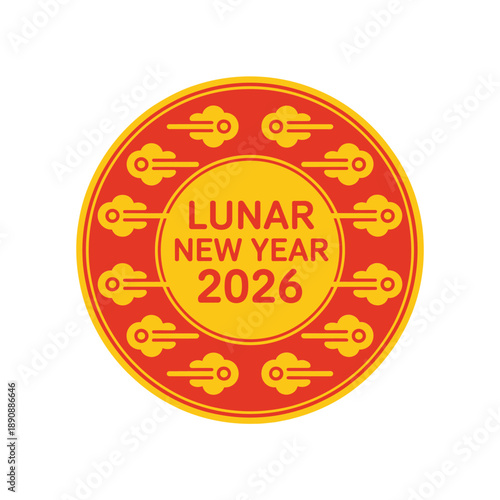 Lunar new year 2026 badge, round red gold seal with lucky icons, event sticker, coupon label, parade flyer graphic