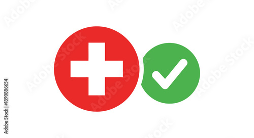 A graphic depicts a red circle with a white plus sign and a green circle with a checkmark