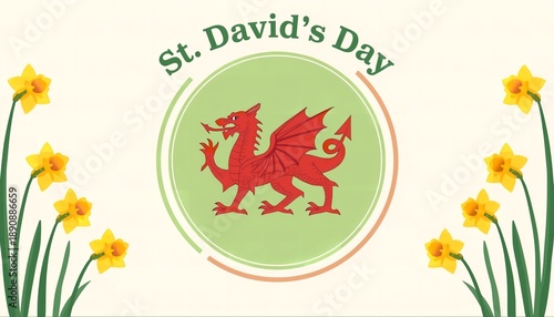 A colorful illustration celebrating St. David's Day with a red dragon and yellow daffodils