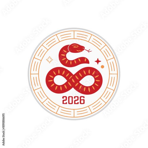 Zodiac serpent medallion with 2026 text, lunar new year badge, prosperity symbol, celebration sticker, calendar icon, party poster element