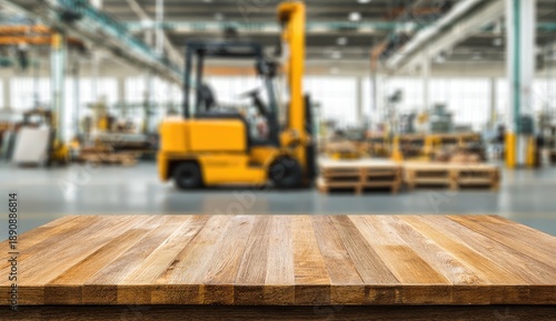 Empty wooden tabletop in foreground, yellow forklift in blurred warehouse background
