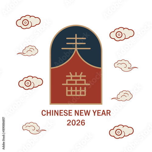 Line art temple illustration with clouds, chinese new year 2026 headline, elegant vector card for program schedule, invitation, ceremonial events