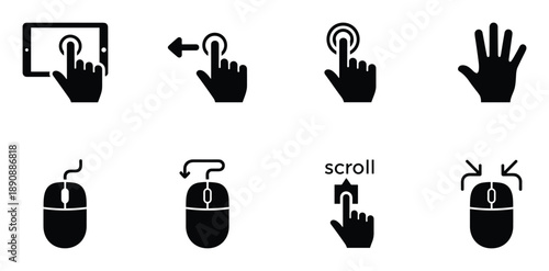 Hand gesture control and various hand mouse gestures with click scroll and drag icons set vector