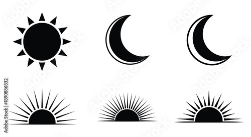 A graphic illustration depicts a sun two crescent moons and three rising or setting suns high quality professional