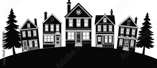 House, silhouette, neighborhood, street, residential, buildings, homes, town, village, architecture, skyline, trees, landscape, exterior, real, estate, property, isolated