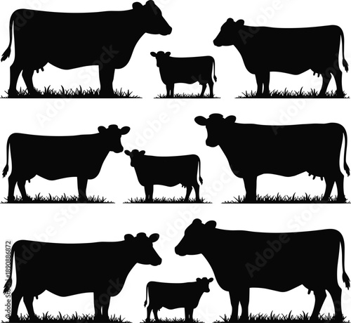 Black cow and calf silhouette set farm livestock family animals isolated on white background for agriculture branding illustration design