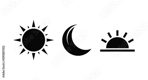 A minimalist graphic depicts a sun crescent moon and half sun all rendered in solid black silhouettes high quality