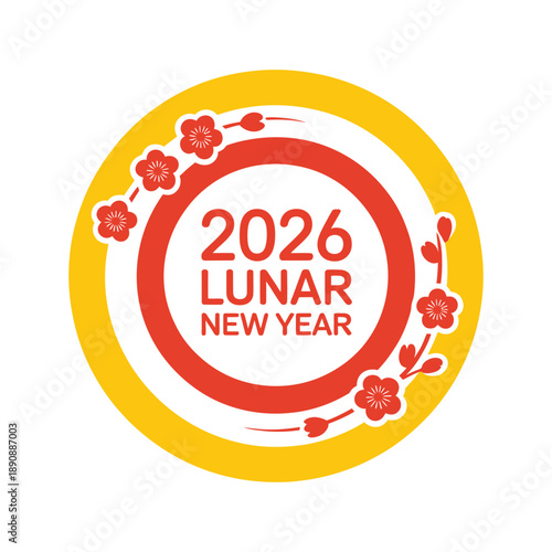 2026 lunar new year round label with blossoms, event logo for fireworks night, countdown party posters, parade announcements, invitations graphics