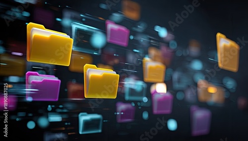 Digital data folders flying through cyberspace, abstract concept of information