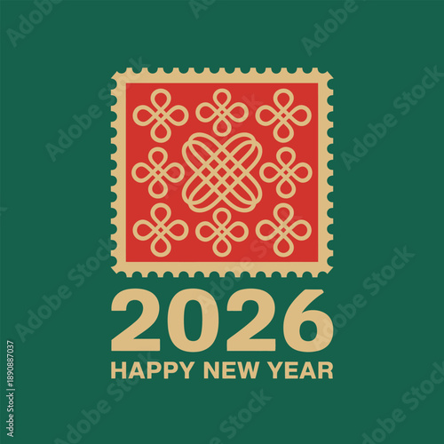 Spring festival 2026 stamp with prosperity knot, minimalist green poster, greeting layout, event ticket graphic, cultural celebration branding asset