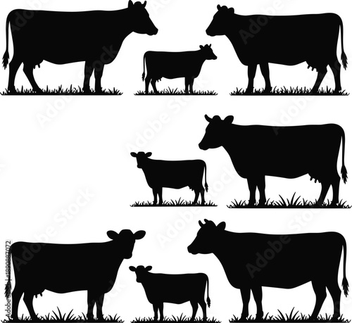 Black cow and calf silhouette collection farm livestock family animals isolated on white background for agriculture branding illustration use