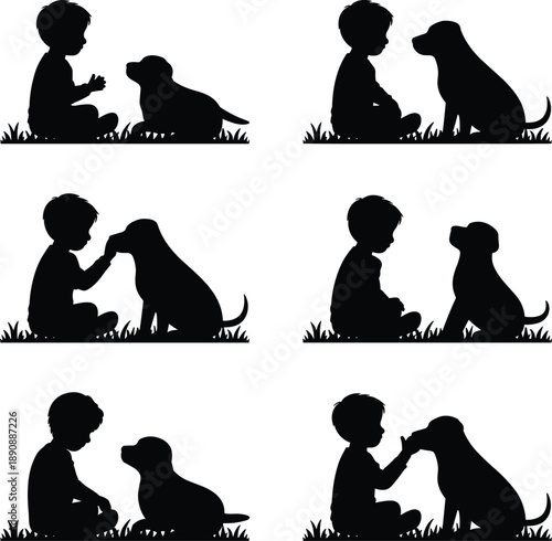 Cute child and dog silhouette set boy playing with puppy isolated white background childhood friendship pet love vector illustration