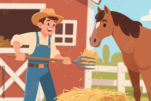 Illustration Of A Male Rancher Wearing A Cowboy Hat Feeding A Horse Vector Design Template