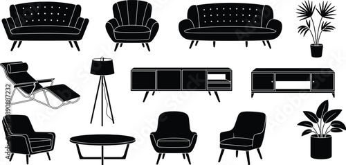 Furniture, silhouettes, living, room, interior, sofa, chair, table, lamp, cabinet, decor, home, modern, design, collection, set, isolated, white, background, illustration