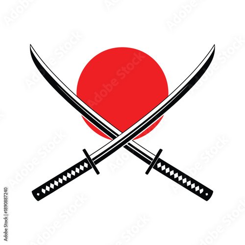 Crossed swords over rising sun emblem, asian cultural festival icon, heritage performance poster element, parade security display, celebratory event graphic vector
