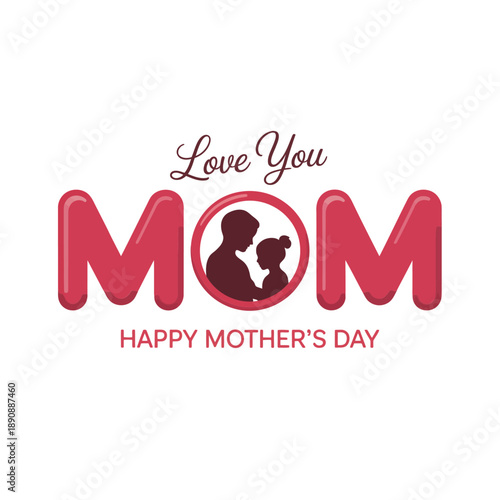 Love you mom lettering, mothers day greeting, heart filled letters with globe symbol, cute vector typography for cards and gifts