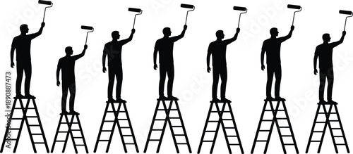 House painter silhouette lineup workers standing on ladders painting walls with rollers isolated white background renovation vector illustration