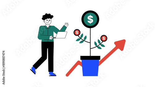 Entrepreneur managing a growing money tree representing sustainable business