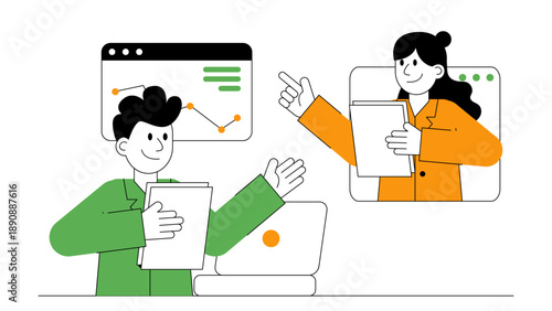 Business partners analyzing digital reports and statistics via video