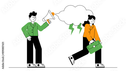 Man using megaphone for announcement while colleague feels overwhelmed