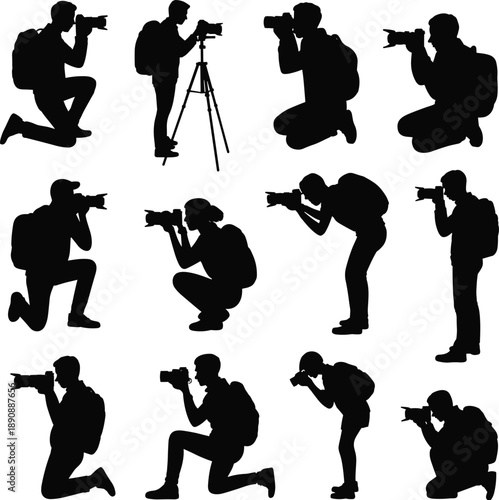 Photographer silhouette collection capturing moments, professional camera poses action set, isolated black figures on white background