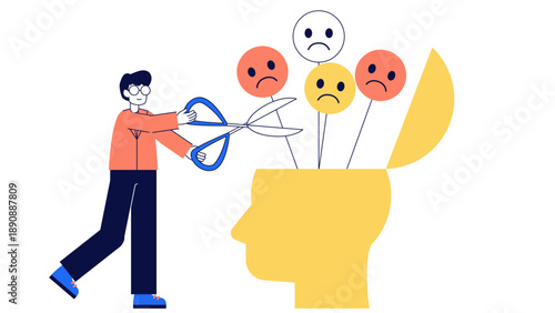 Conceptual illustration of a man using scissors to cut away negative emotions from an open mind