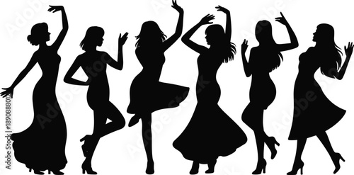 Women, dancing, silhouettes, female, fashion, dress, movement, elegance, party, celebration, joy, energy, lifestyle, music, freedom, beauty, isolated, white, background, illustration
