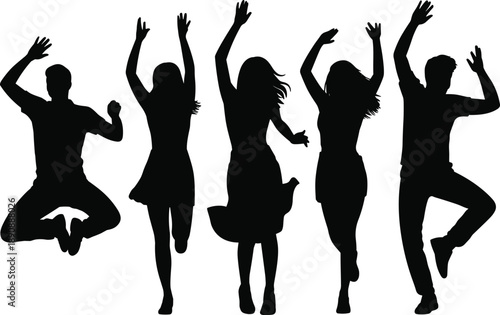 People, jumping, silhouettes, dancing, celebration, happiness, joy, energy, movement, fun, lifestyle, party, freedom, success, excitement, teamwork, isolated, white, background, illustration