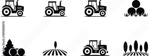 A comprehensive set of simple black and white icons depicting various agricultural farming activities and machinery
