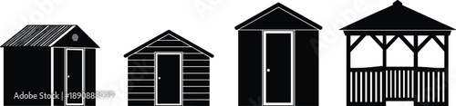 Black garden shed and gazebo silhouette icons set, minimal outdoor storage buildings, wooden cabin structures isolated on white background design