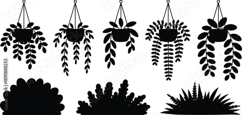 Hanging plant and bush silhouette set, indoor houseplants and garden foliage shapes, minimal botanical illustration isolated on white background