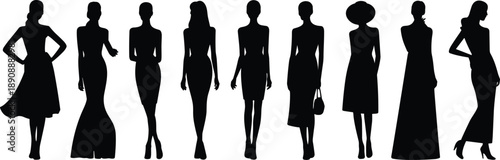 Elegant female silhouettes in fashionable dresses, stylish women standing in a row, minimalist fashion illustration isolated on white background