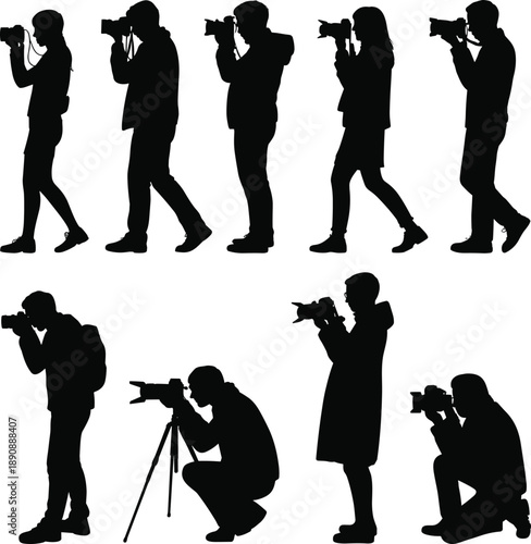 Professional photographer silhouette collection camera shooting people poses isolated white background black photography vector illustration design set