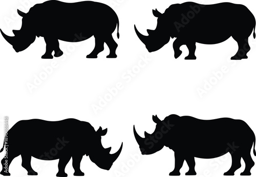 Black rhinoceros silhouette collection set isolated on white background, wild animal wildlife icon illustration for conservation, safari, nature design