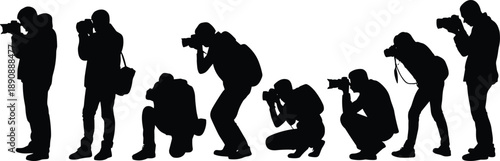 Photographer silhouette vector, camera pose icon, black photo stance clipart, hobbyist photography figure, crouching photographer illustration, DSLR user art