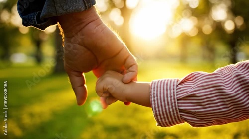 Close-up of adult and child holding hands in a park at sunset.