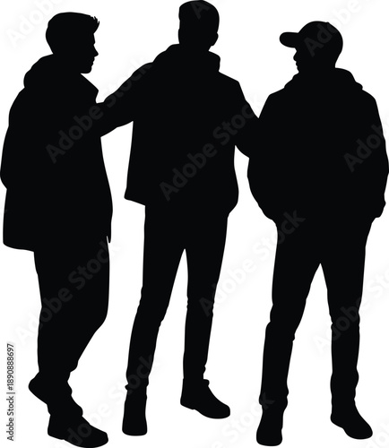 Male friends silhouette group standing together casual conversation isolated white background black people teamwork lifestyle vector illustration design