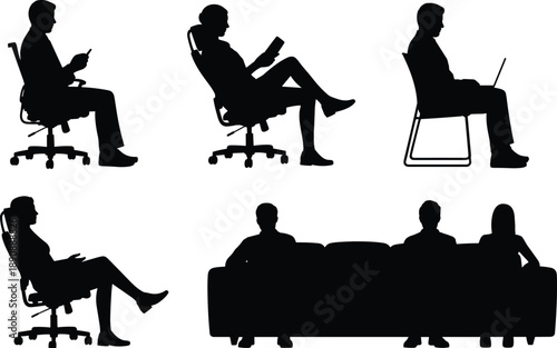 Business people sitting silhouette set office workers using laptop smartphone reading relaxing isolated white background black vector illustration design