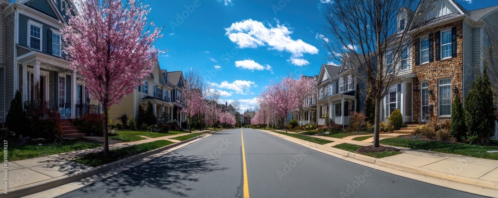 Obraz premium Tree-lined suburban street under a bright blue sky with fluffy clouds