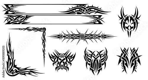 Black neo tribal vector collection featuring rectangular text banners, sharp gothic corner frames, and barbed wire dividers for Y2K design
