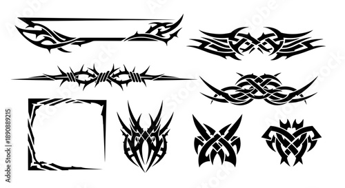 Black neo tribal vector collection featuring jagged square frames, sharp barbed wire dividers, and gothic banners for Y2K streetwear design