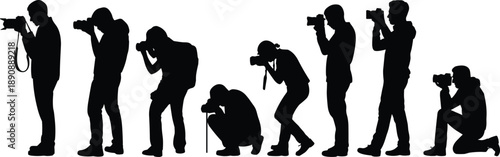 Professional photographer silhouette set camera shooting poses isolated white background black people photography vector illustration design