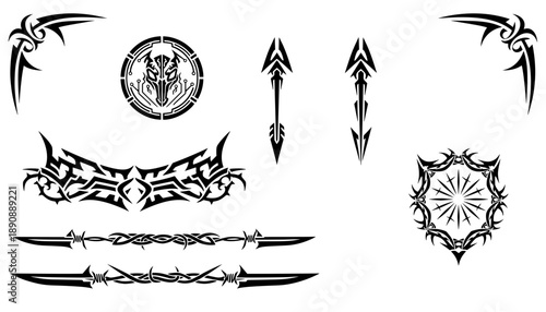 lack neo tribal vector pack featuring sharp arrows, spears, cyber skull emblems, and gothic corner ornaments for Y2K graphic design assets