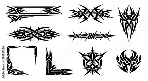 Black gothic tribal vector collection including sharp banners, stars, barbed wire, and intertwined thorn ornaments for Y2K streetwear design.