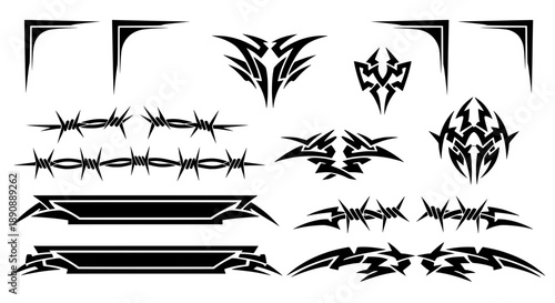 Black cyber sigilism vector pack featuring sharp barbed wire, gothic corners, and futuristic tribal banners for Y2K graphic design assets.