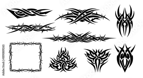 Black neo tribal vector collection featuring intertwined thorn shapes, barbed wire square frames, and gothic celtic knots for Y2K tattoo design