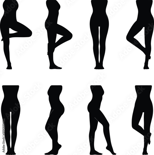 Female legs silhouette set elegant woman body poses standing walking isolated white background black fashion vector illustration design