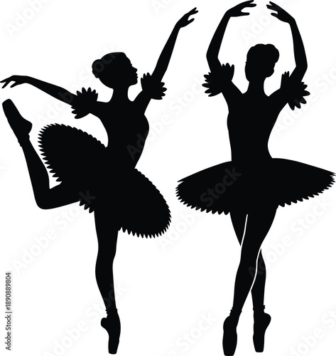 Ballet, dancers, silhouettes, women, classical, dance, elegance, grace, tutu, pointe, performance, choreography, art, theater, movement, culture, isolated, white, background, illustration